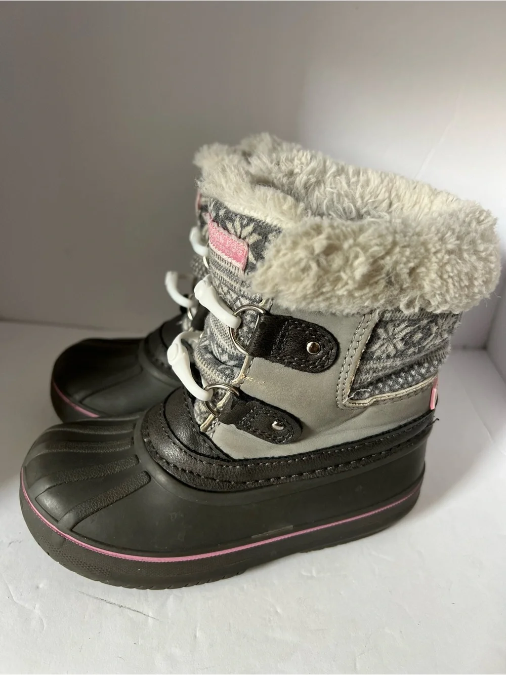 London Fog Kids Winter Snow Boots Faux Fur Gray Pink Size 8